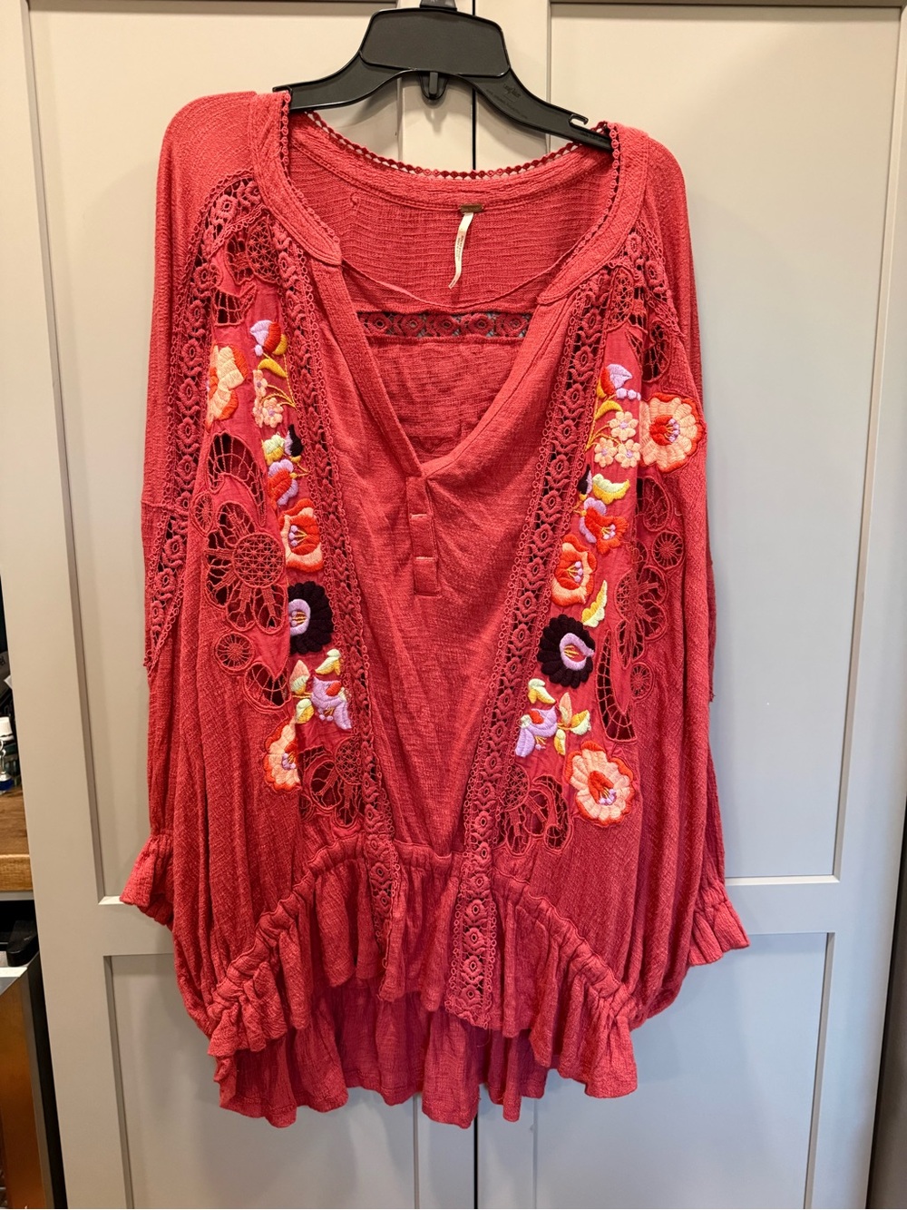 Free People Coral Embroidered V-Neck Tunic